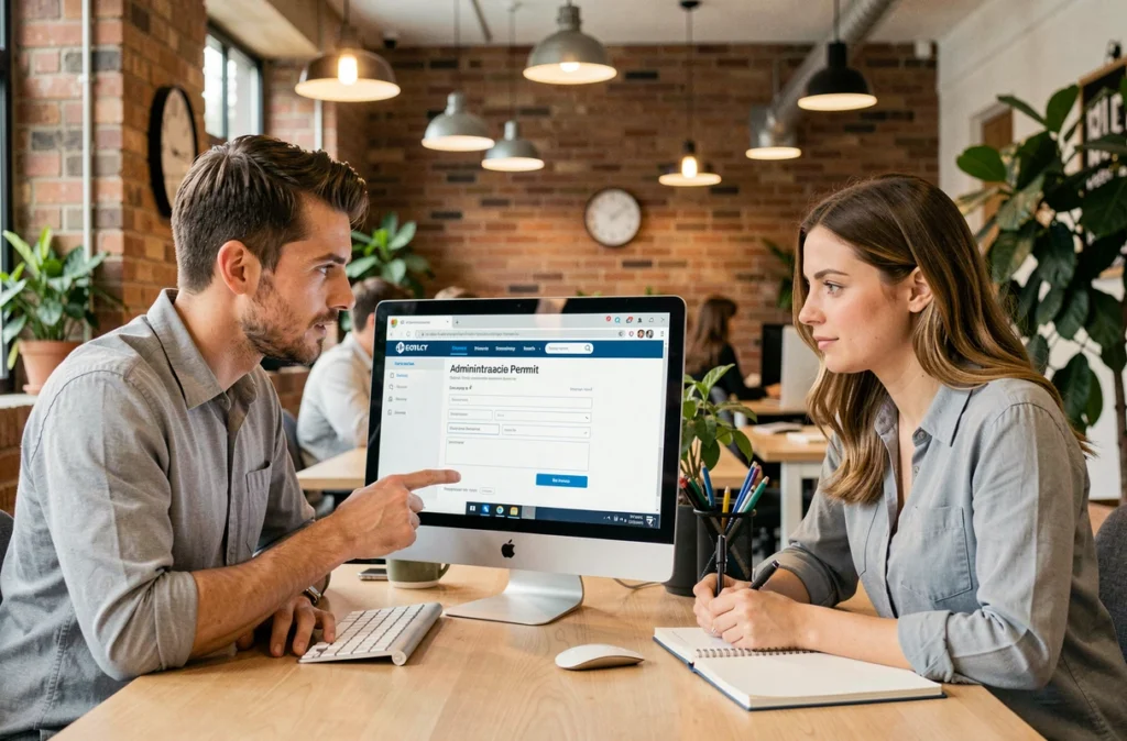 Deux jeunes adultes vérifiant ensemble les étapes d'une démarche en ligne pour le permis sur un ordinateur dans un espace de coworking