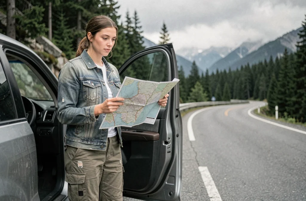 Voyageuse seule consultant une carte routière au bord d'une route de montagne sinueuse lors d'un road trip