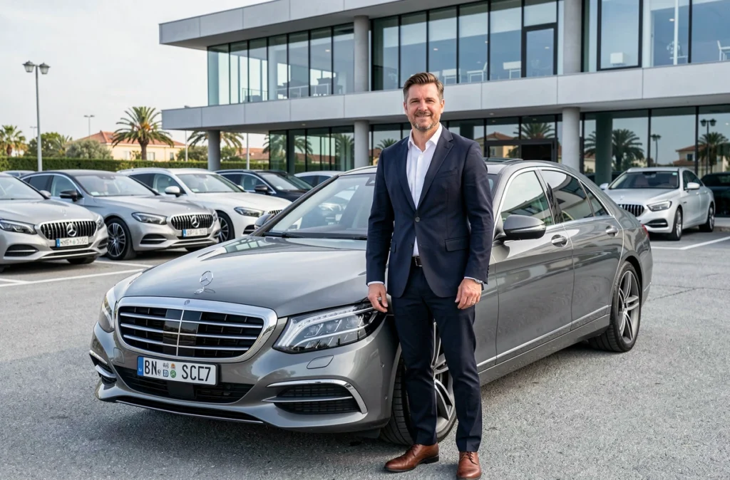 Vendeur de 2G Auto Vip Nice devant une berline haut de gamme d'occasion dans le lot premium