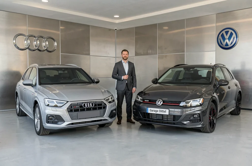 Showroom double marque Audi et Volkswagen du Garage Dittel à Colmar avec les deux véhicules exposés