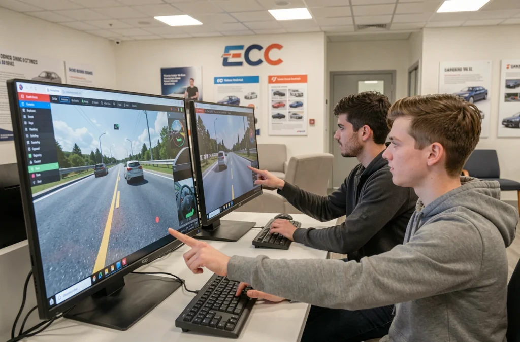 Étudiants utilisant un simulateur de conduite dans les locaux de l'auto-école ECF Blois