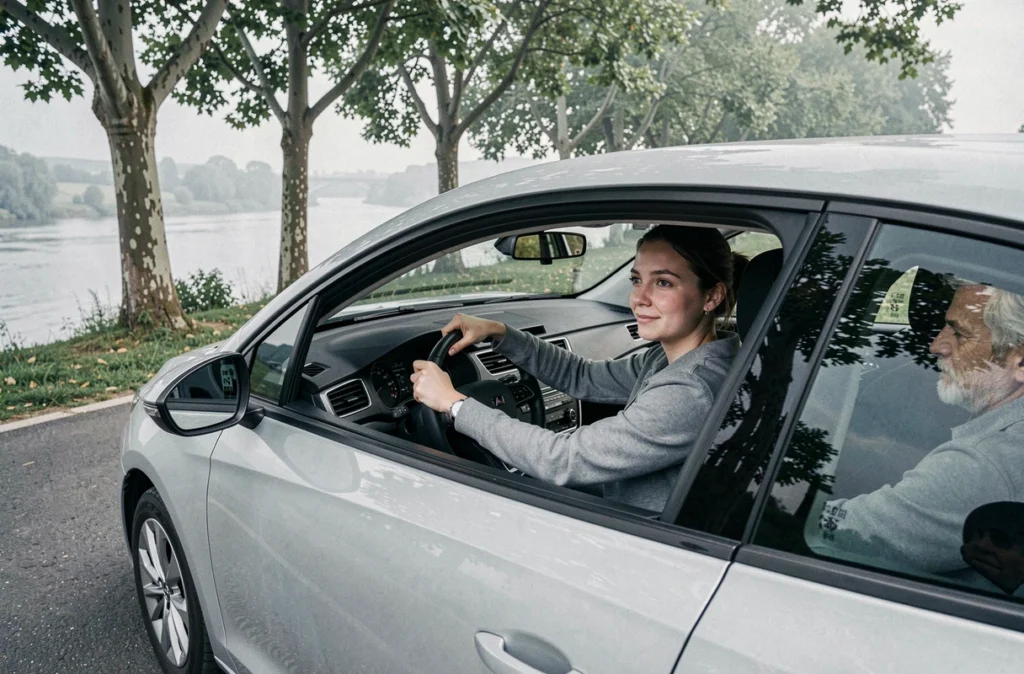 Leçon de conduite sur un bord de rivière symbolisant l'auto-école Rive Gauche en Loir-et-Cher