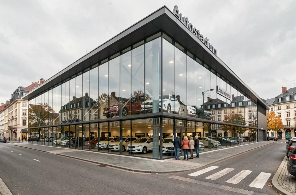Façade extérieure du concessionnaire Autostadium à Strasbourg avec des clients devant l'entrée