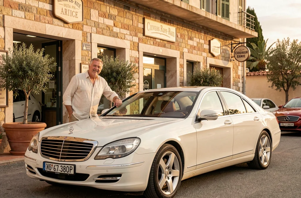 Concessionnaire de Cavallari Nice posant devant une berline de luxe d'occasion dans la cour