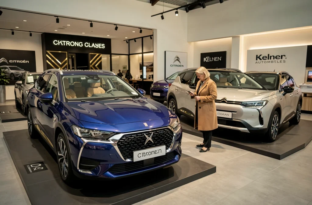 Showroom Citroën et DS chez Kelner Automobiles à Colmar avec une DS 7 et une cliente en manteau camel