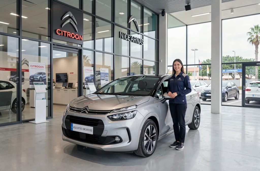 Conseillère commerciale de Citroën Retail Nice Arenas devant une Citroën d'occasion en showroom