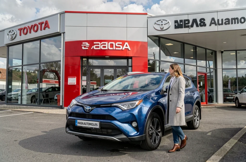 Concessionnaire Toyota NASA Automobiles à Essey-lès-Nancy avec une cliente inspectant un RAV4 bleu
