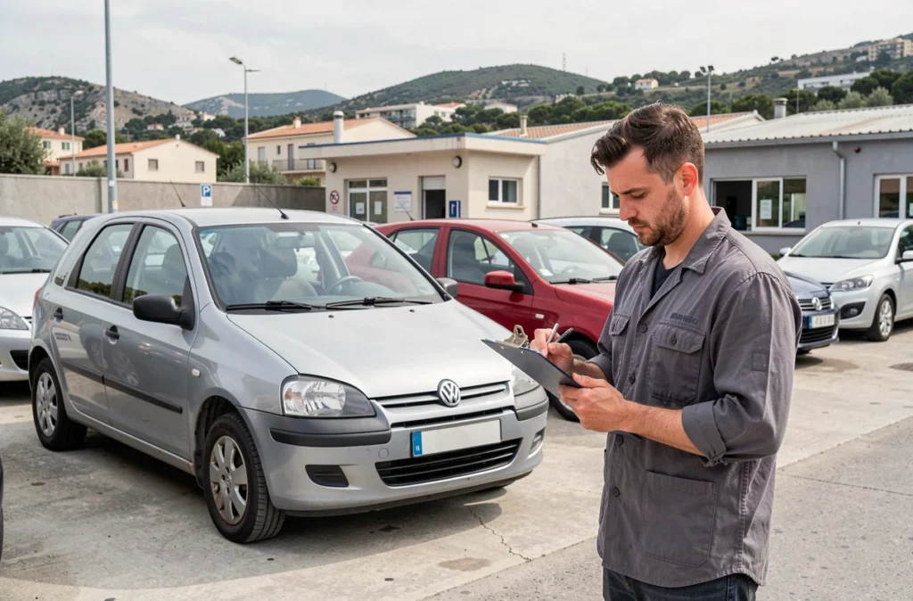 Vendeur de Franck Auto 06 inspectant un véhicule d'occasion dans le lot de Carros