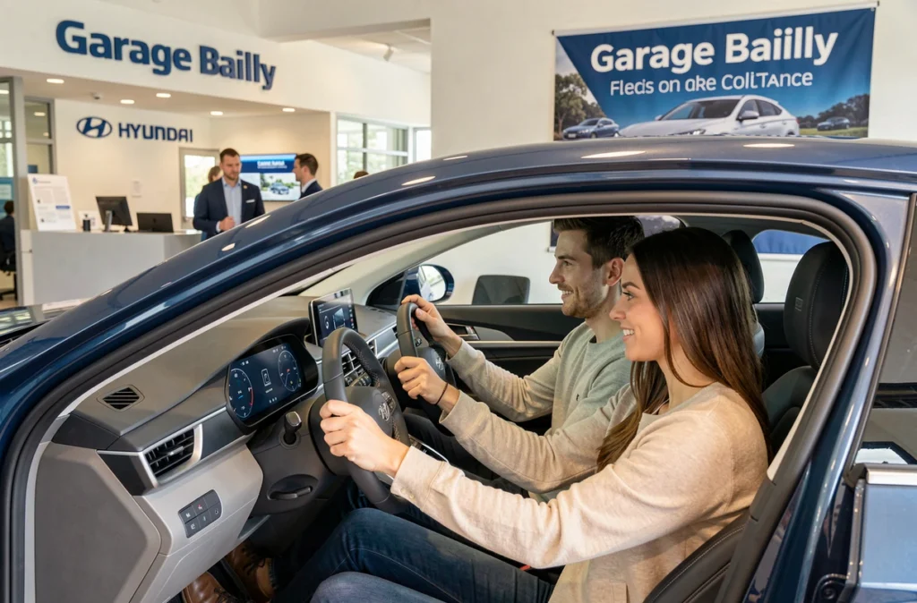 Couple essayant une Hyundai IONIQ 6 électrique chez le Garage Bailly concessionnaire Hyundai à Colmar