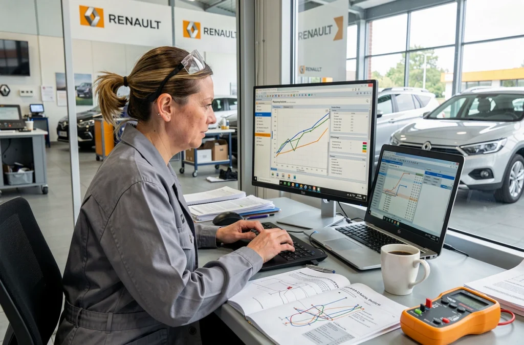 Ingénieure automobile analysant les codes d'erreur d'injection d'une Clio 5 sur un logiciel de diagnostic