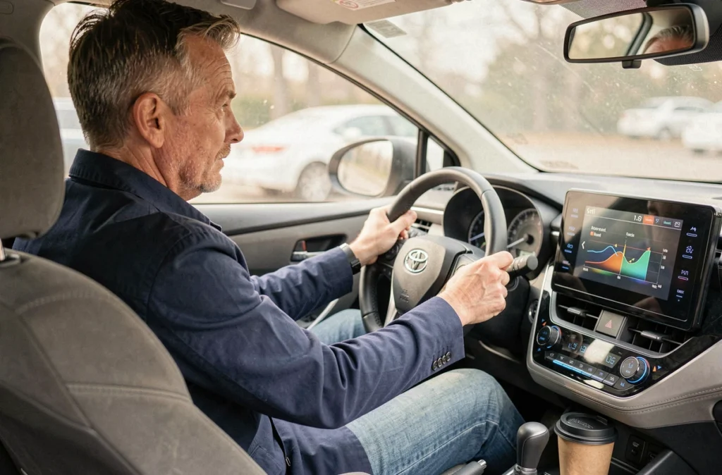 Conducteur au volant d'une Toyota Corolla hybride consultant l'écran de gestion d'énergie après un long trajet