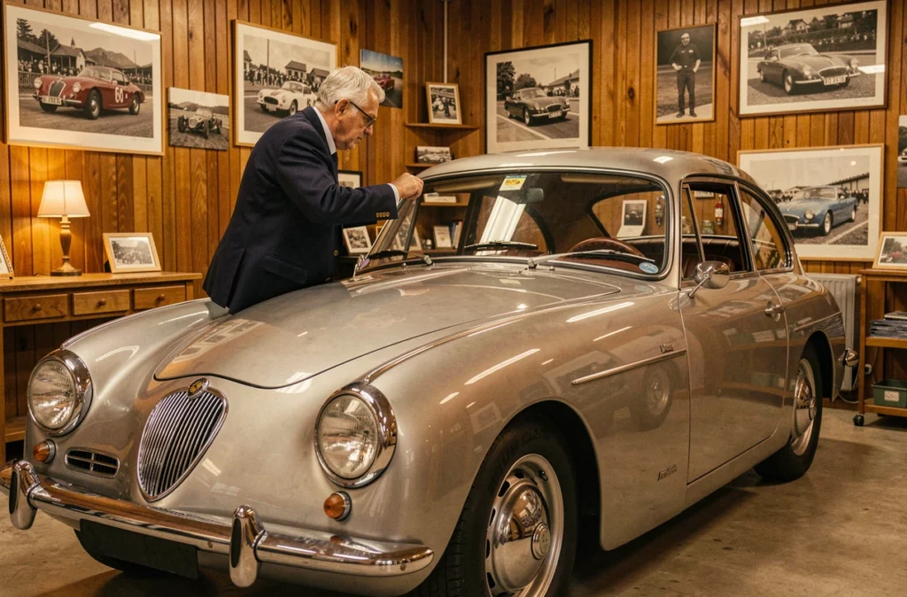 Spécialiste de MC Cars Classic Villeneuve-Loubet inspectant une voiture ancienne restaurée