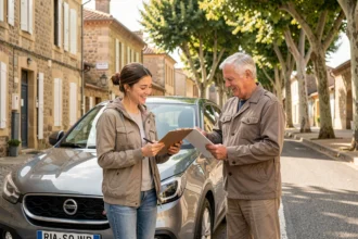 Élève et moniteur d'auto-école devant une voiture dans une rue du Loir-et-Cher