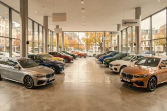 Vue panoramique d'un grand showroom automobile dans le Grand Est avec plusieurs véhicules exposés