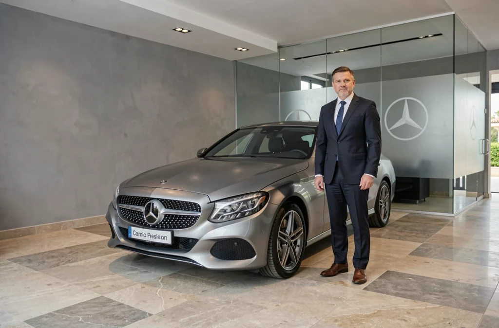 Responsable commercial Mercedes-Benz Côte d'Azur Nice présentant une Mercedes d'occasion certifiée