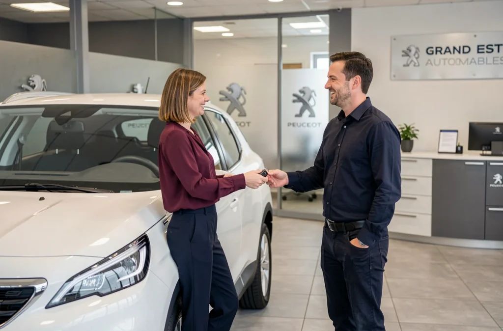 Remise de clés chez Peugeot Colmar Grand Est Automobiles avec une conseillère et un client satisfait