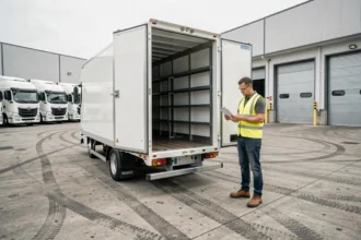 Remorque frigorifique ouverte dans un dépôt logistique avec un technicien consultant un devis de prix