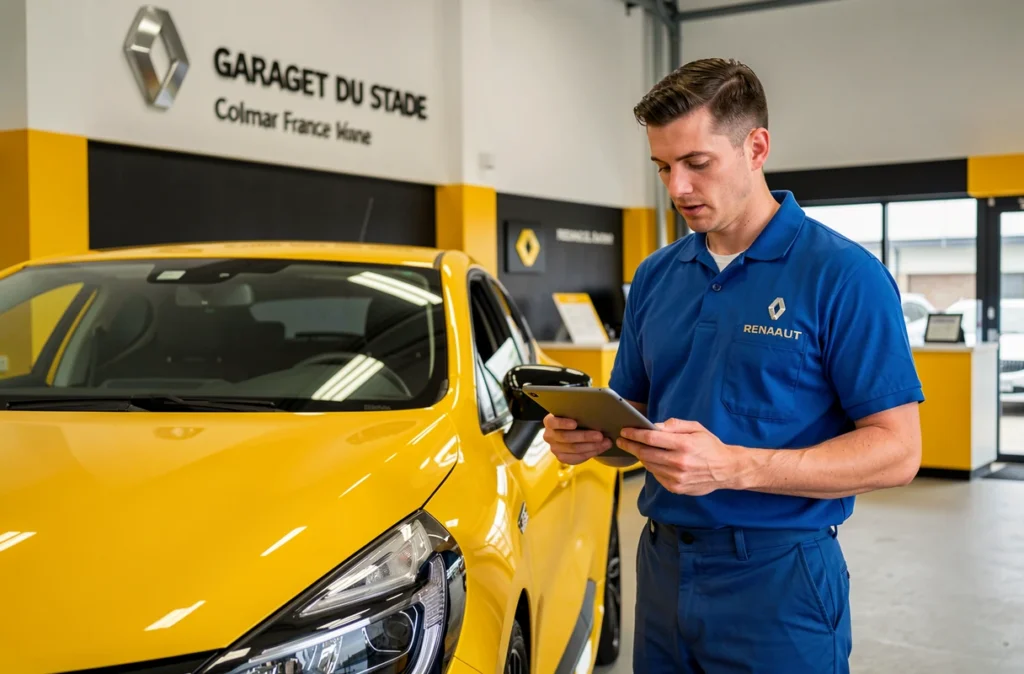 Technicien en uniforme Renault au Garage du Stade à Colmar avec une Clio jaune en service