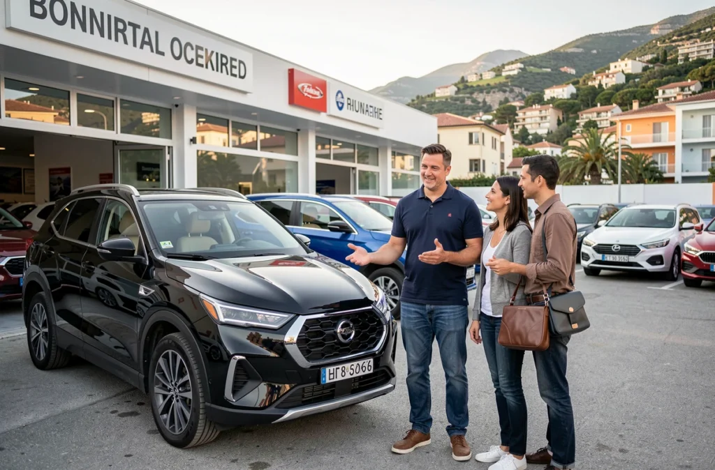 Vendeur de Riviera Car Center à Villeneuve-Loubet présentant un SUV d'occasion à des clients