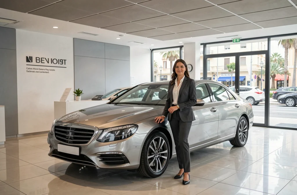 Consultante de S3J by Sola Automobiles présentant une berline d'occasion dans le showroom de Nice