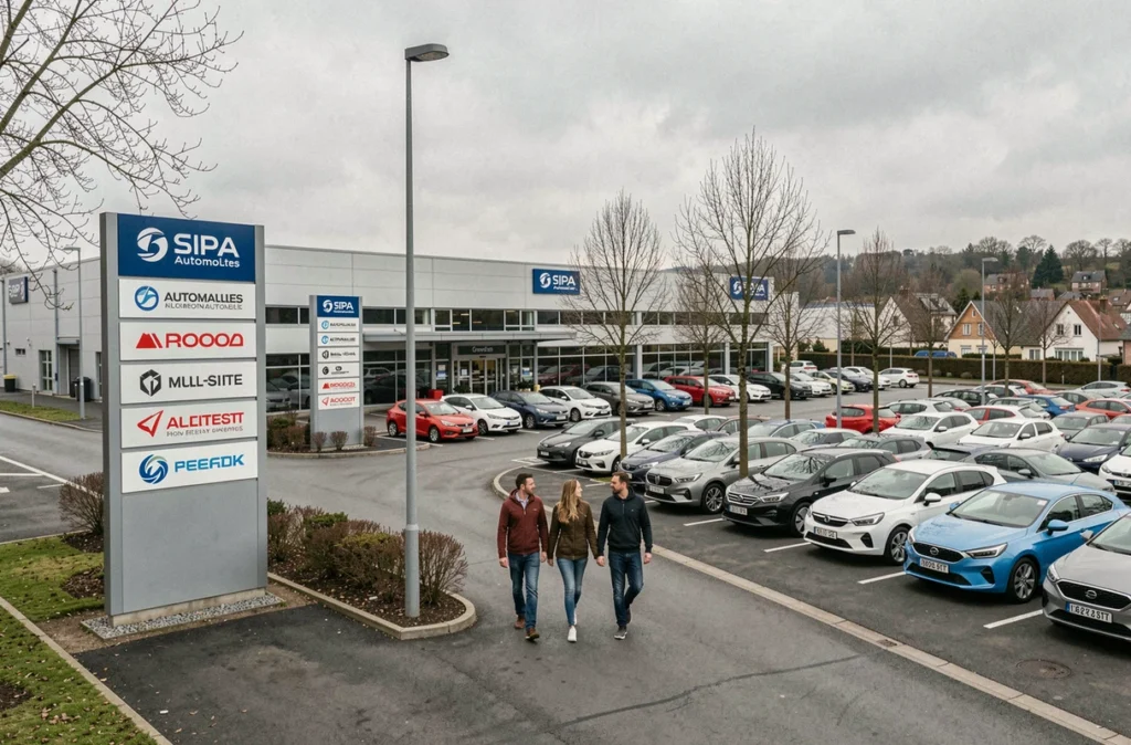 Site SIPA Automobiles dans le Grand Est avec une famille entrant dans le grand espace commercial automobile
