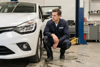 Technicien automobile diagnostiquant une Renault Clio 5 dans un garage professionnel