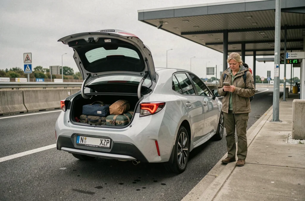 Toyota Corolla hybride à une aire d'autoroute lors d'un long trajet, coffre ouvert avec bagages et conductrice en pause