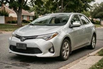 Toyota Corolla hybride argentée garée dans une rue résidentielle après 50 000 km d'utilisation réelle