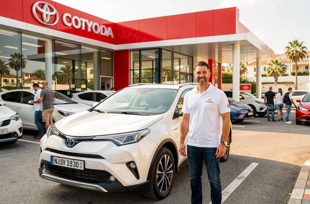 Représentant commercial Toyota Ellipse Nice devant un crossover Toyota d'occasion certifié