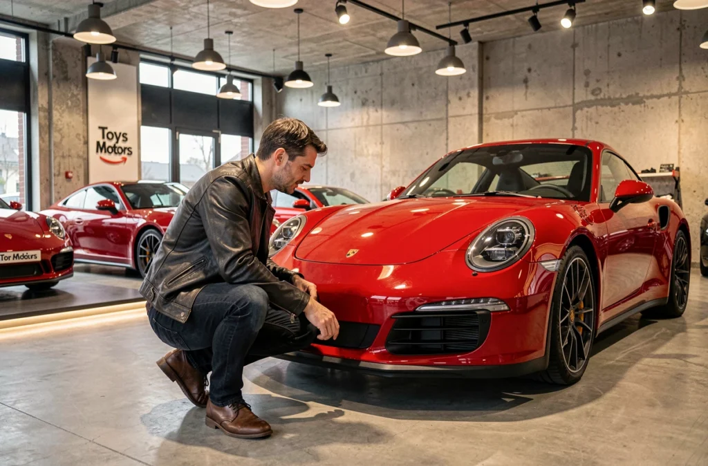Showroom Toys Motors Colmar avec un client admirant une Porsche 911 rouge dans un espace prestige