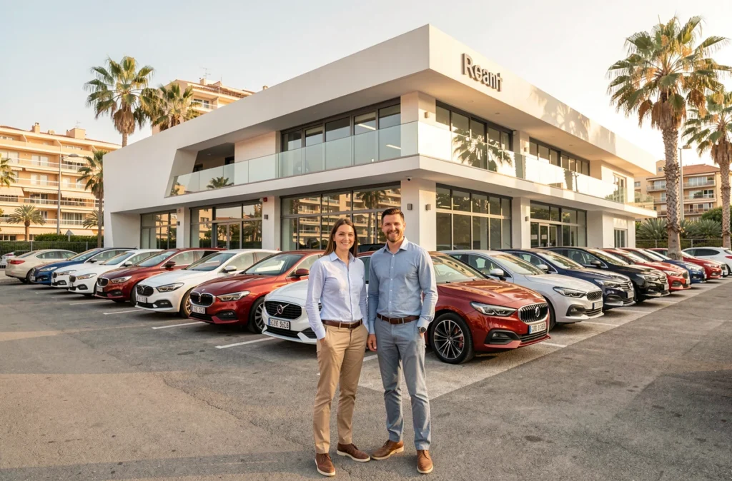 Équipe commerciale de Via Automobile Nice devant une sélection de voitures d'occasion multimarques