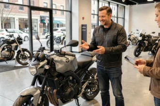 Homme négociant le prix d'une moto avec un vendeur dans une concession de deux-roues moderne à Agde