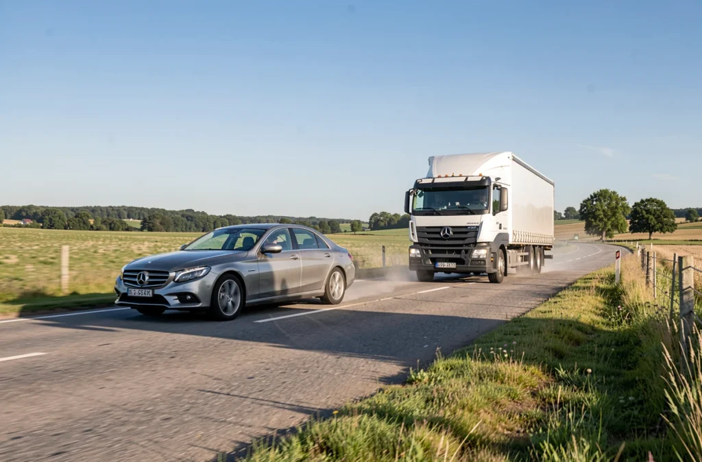 Voiture qui dépasse un camion sur une route de campagne