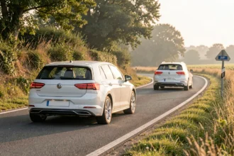 Voiture qui roule derrière une autre voiture sur une route